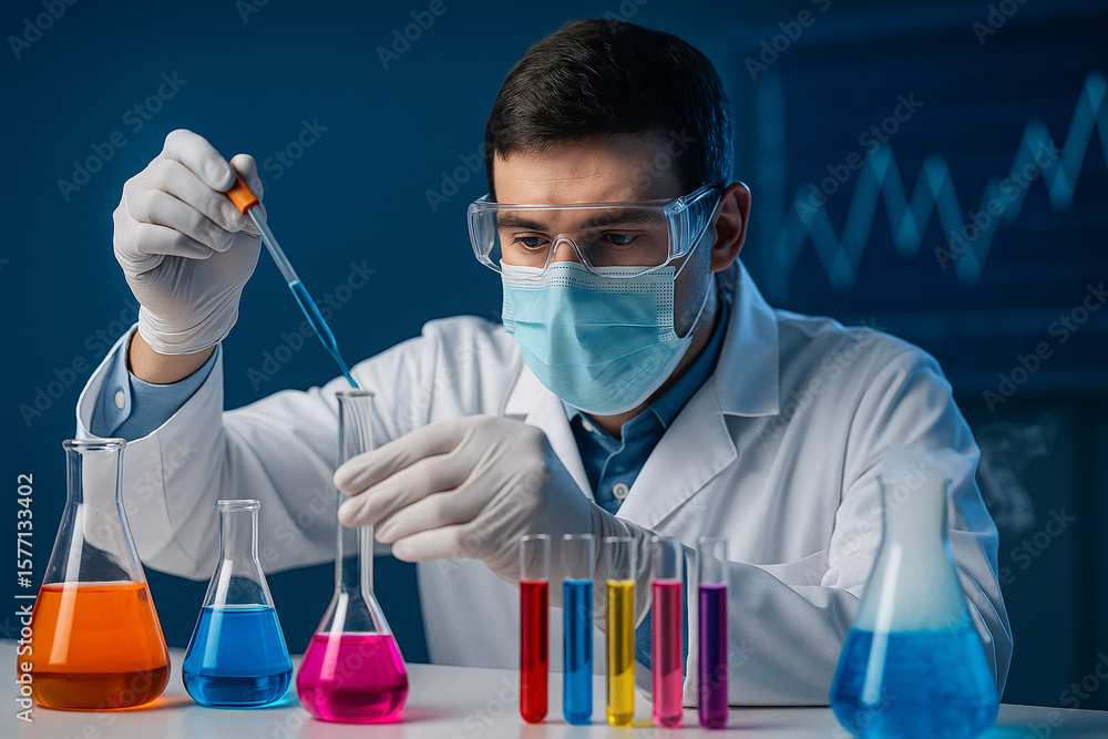 Aufkleber ai generated a focused scientist in a sterile lab using a pipette to drop colorful glowing liquids i