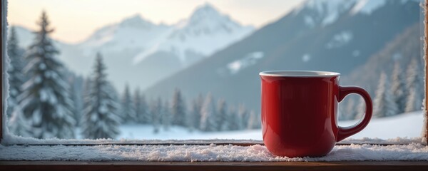 Red mug with hot chocolate sits on wooden windowsill, spilling contents. Rich color contrasts with muted tones. Serene winter scene with snow-covered trees and mountain range visible through window.