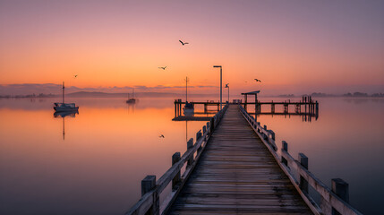 Naklejka premium Serene Morning at the Wharf: A Harmonious Blend of Nature and Tranquility