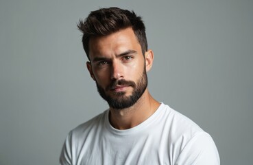 Fototapeta premium Man with well-groomed beard, mustache stands in front of gray background. Wearing crisp white t-shirt, gaze directed at camera, quiet contemplative expression. Serious, calm, masculine, clean shaven,