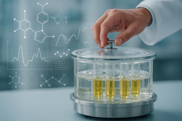 AI generated a realistic lab scene showing a scientist adjusting a transparent lid on a chemical reactor with digital overlays and test tubes containing yellow fluid in a controlled environment