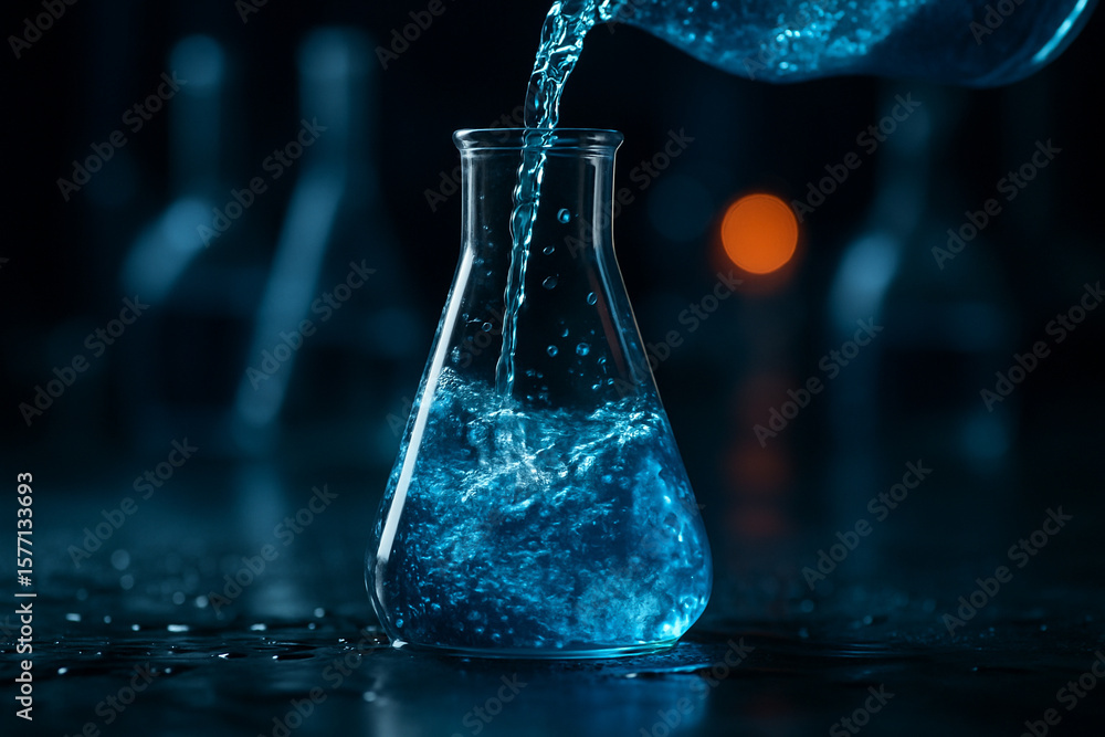 Aufkleber ai generated closeup of blue liquid being poured into erlenmeyer flask with bubbles and reflections 