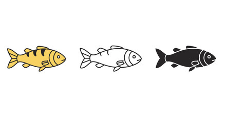 Three Fish Icons in Different Styles Colored Outline and Silhouette