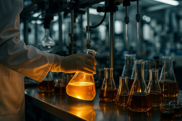 AI generated industrial lab scene with gloved hand holding Erlenmeyer flask filled with glowing amber liquid among automated research equipment under warm lighting