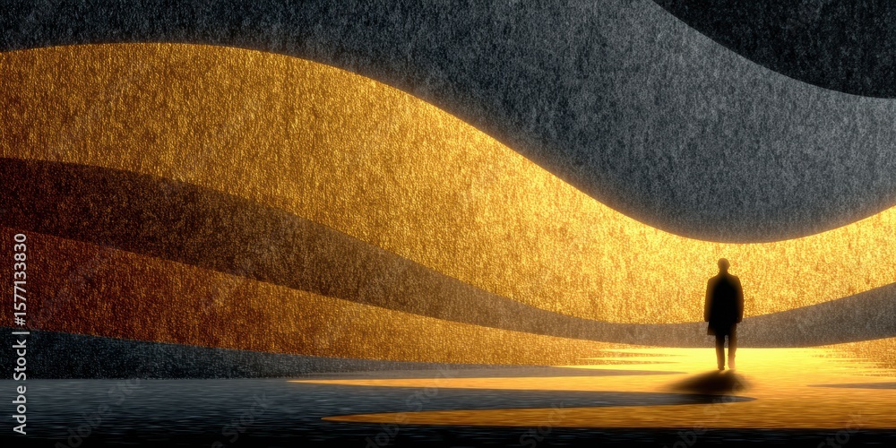Poster man contemplating abstract scene: a lone figure stands in a surreal landscape, silhouetted against a