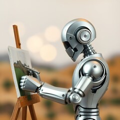 AI robot painting a still life composition on canvas in the art studio. Robot with a pallette and paint brush
