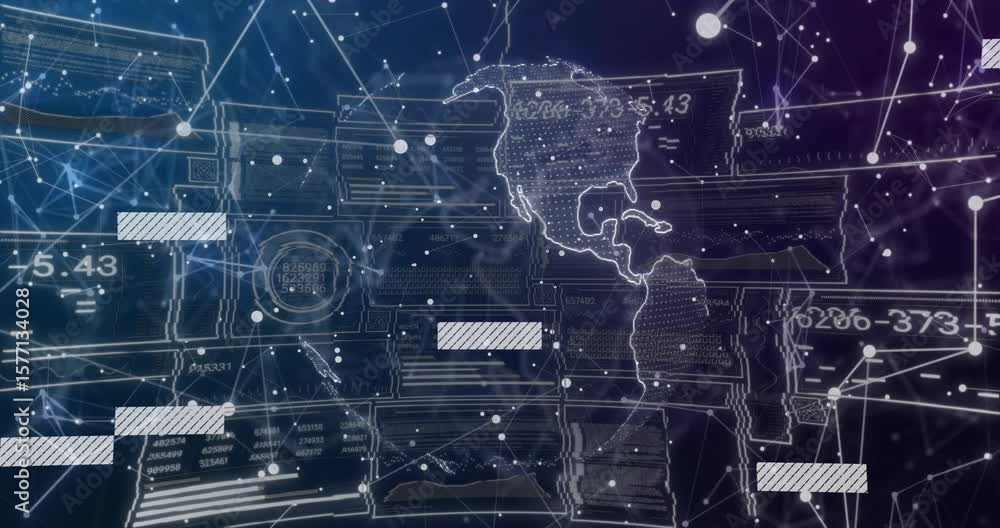 Poster dark blue grid initiating state outline and sliding bars, rotating globe visualizing data fading