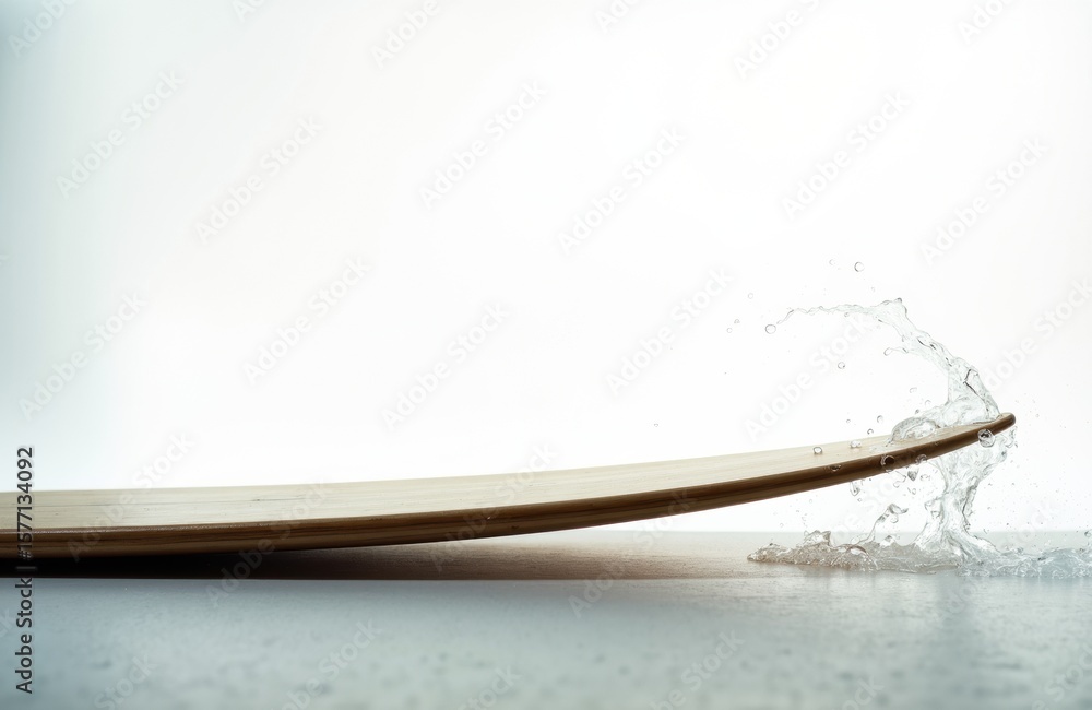 Poster a surfboard glides across the water surface creating a splash in a minimalist setting