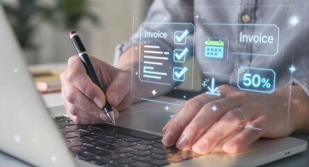 Person Completing Invoice with Futuristic Overlay on Laptop, 50% Complete.