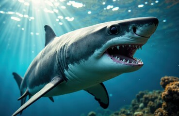 Naklejka premium Great white shark swimming underwater with sunlight filtering through the surface