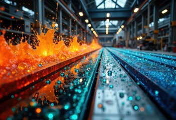 Bright sparks and colorful light streaks in an industrial setting create a dynamic and energetic scene with vibrant orange and blue tones
