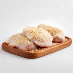 Three raw breaded chicken cutlets on a wooden board isolated on white background