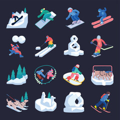 2d vector illustration icon, set of vibrant representing unique winter activities and sports
