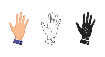 Hand gestures in different styles colored outline and silhouette on white