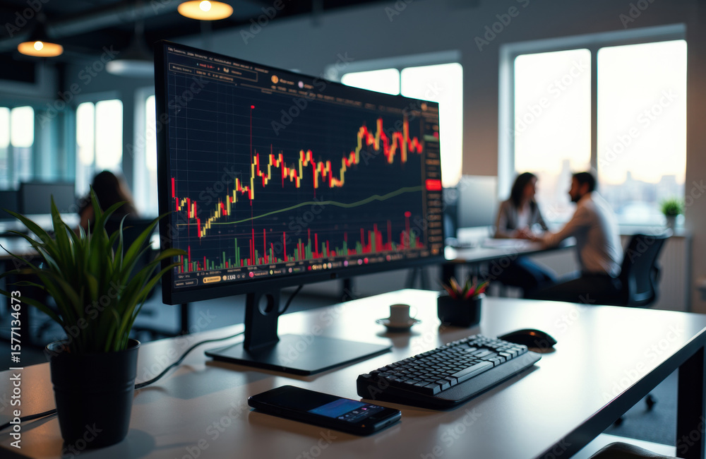 Poster financial trading data displayed on a computer monitor in a modern office environment
