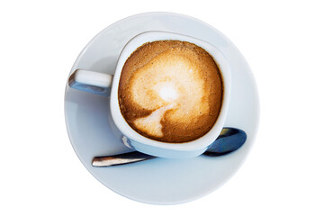 Top view of cappuccino in a white cup with saucer and spoon isolated on transparent background

