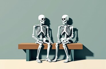 Fototapeta premium Two human skeletons sitting on a wooden bench against a plain background, creating a humorous or artistic scene