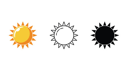 Sun Icons in Color Outline and Silhouette Style on White Background