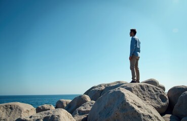 A man stands on large rocks by the sea under a clear blue sky