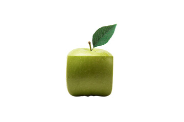 a green apple with a leaf sticking out of it