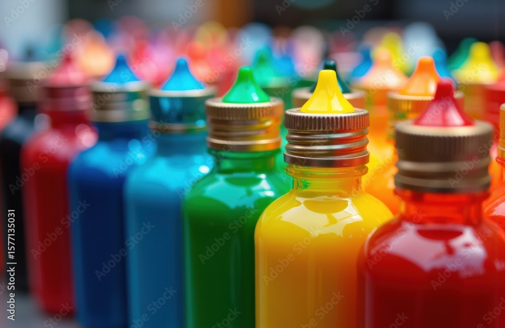 Poster brightly colored paint bottles with caps arranged in a row on a surface