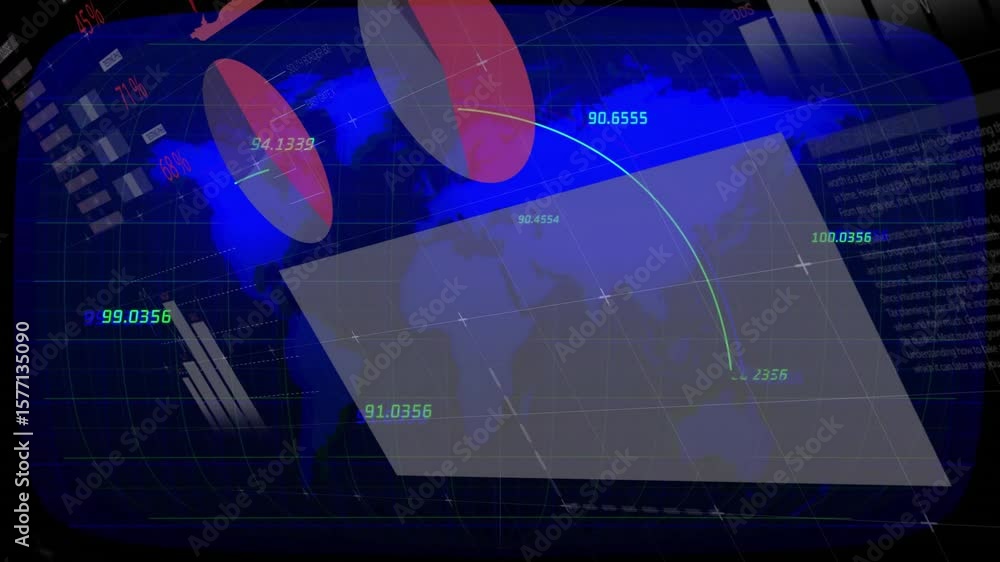 Poster opening map with numeric labels sweeping arcs sliding panel stacking charts visualizing data flow