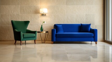 Softly lit minimalist interior with a clean-line royal blue couch, forest-toned green armchair, handcrafted beige plaster walls, polished stone flooring, and modern 