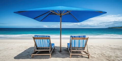 Obraz premium Tropical Beach Scene with Blue Umbrella and Chairs Against Clear Sky