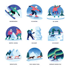 2d vector illustration icon, set of vibrant representing unique winter activities and sports
