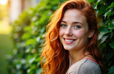 Naklejka premium A woman with red hair smiling outdoors among green foliage