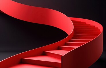 A red spiral staircase curves upward against a dark background creating a striking visual effect