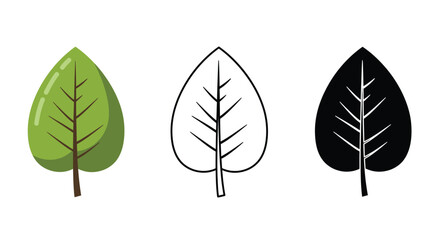 Leaf Icon Set Green Outline and Silhouette Style Variations on White Background