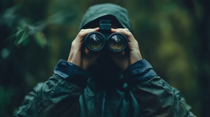 Fototapeta premium Person in outdoor gear using binoculars in a forest setting, observing nature, embracing adventure.