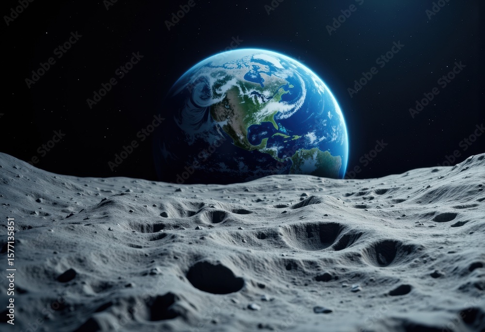 Poster view of earth from the moon's surface with a dark space background