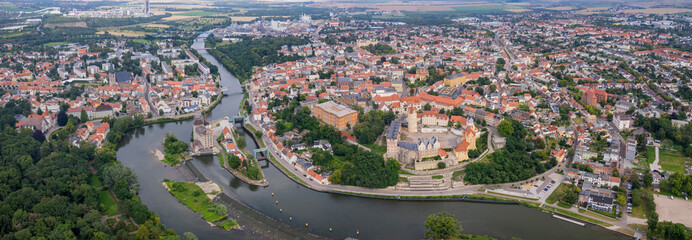 Obraz premium Aerial panorama view around the old town in the city Bernburg on an sunny spring day in Germany 