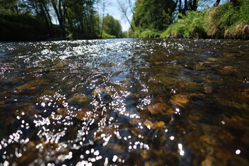 The water is clear and calm, with a few rocks scattered throughout