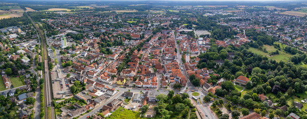 Aerial panorama view around the old town in the city Burgdorf on an sunny spring day in Germany	
