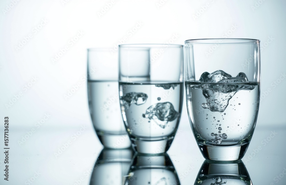 Poster three clear glasses filled with water arranged in a row on a reflective surface with a soft white ba