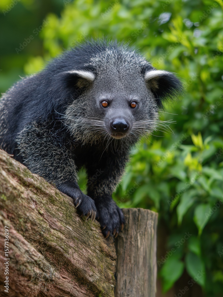 Poster binturong climbing a log with lush green foliage in a serene setting during soft light