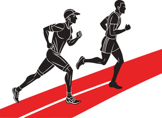 Obraz premium Two male runners in silhouette on a red track athletic running