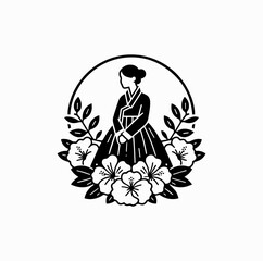 Minimalist Black Vector Logo of Woman in Hanbok with Mugunghwa Flowers Isolated on White Background