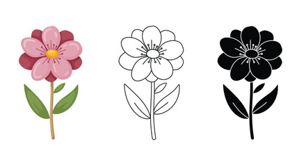Flower Illustration Set with Color Outline and Silhouette Versions