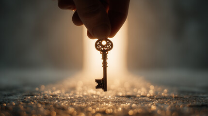 Hand Holding a Vintage Key over a Path of Light. The Key to Success and a Bright Future Concept.