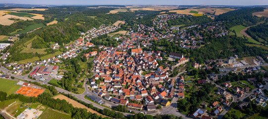 Aerial view around the old town in the city Grünsfeld on an sunny spring day