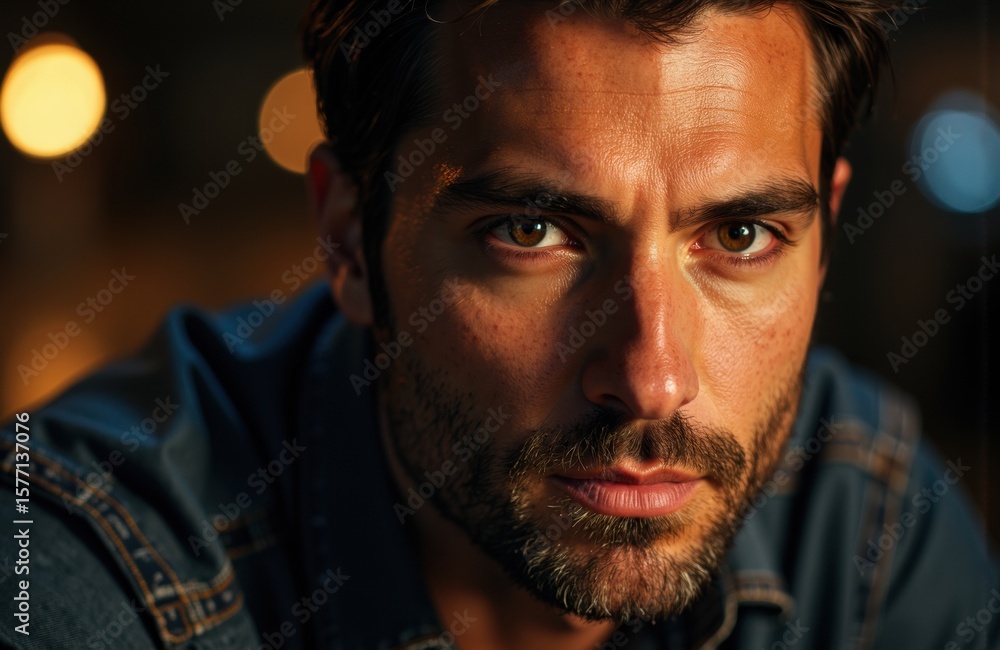 Poster man with intense gaze and stubbled face looks directly at camera in low light setting