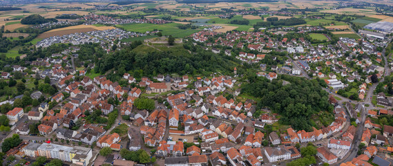 Aerial view around the old town in the city Gudensberg  on an sunny spring day in Germany	