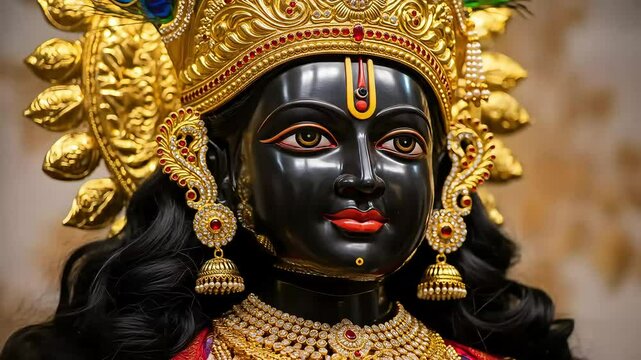 Close Up Of Ornate Black Deity Statue with Gold Jewelry and Detailed Facial Features