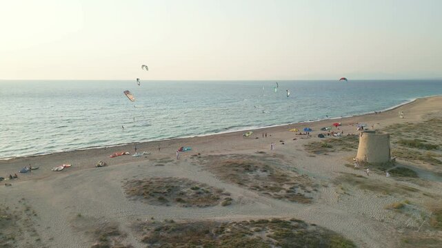 Kitesurfers Enjoying a Windy Day on a Sandy Beach &ndash; Aerial View, Lefkada Island