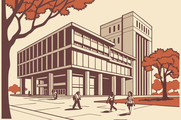 Illustration of a modern building with people walking in front and trees on a sunny day scene
