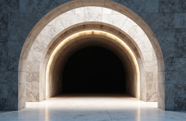 A modern tunnel with illuminated archway leading into darkness